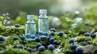 Fresh blueberries and essential oil bottles on green moss in forest. Natural skincare concept with organic ingredients and aromatic herbs.