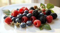 Fresh mixed berries including strawberries, blueberries, raspberries and blackberries arranged on white plate with mint leaves for healthy eating concepts.