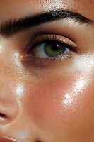 Close-up of green eye with long eyelashes and defined eyebrow on glowing, dewy skin with highlighted cheekbone showing modern beauty and skincare trends.