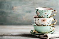 Stacked vintage floral porcelain tea cups with gold trim on rustic wooden table, soft pastel tones, elegant shabby chic style.