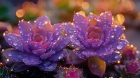 Purple succulent plants with water drops in morning light against blurred orange bokeh background creates dreamy natural macro photography effect.
