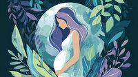 Pregnant woman with purple hair surrounded by magical moonlit garden foliage in turquoise and blue tones, gentle side profile pose showing maternal connection.