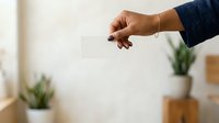Hand holding blank white business card in modern office environment with potted plants and natural lighting.