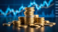 Golden coins stacked in piles with glowing blue financial chart graph in background showing market growth trends for investment and trading concepts.