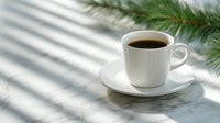 White cup of black coffee on saucer with pine branches and soft window shadows on marble table, creating serene morning atmosphere.