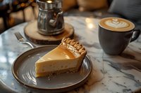 Slice of creamy cheesecake on marble table with latte art coffee cup and candle creating cozy cafe atmosphere. Perfect for food and beverage marketing.