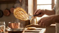 Chef flipping golden crepe in rustic kitchen with warm sunlight streaming through window, traditional cooking technique for breakfast preparation.