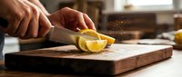 Hands slicing fresh lemon on wooden cutting board in kitchen, food preparation and cooking concept for culinary content.