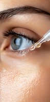 Close-up of eye drops being applied to blue eye with long eyelashes, showing liquid drop moment of contact on clean skin surface, demonstrating eye care procedure.