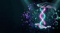 Hands protecting glowing DNA double helix with digital particles and light effects on dark background for biotechnology and genetic research concepts.