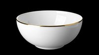 Elegant white ceramic bowl with gold rim trim, isolated on transparent background, ready for design use on product mockups, packaging, tableware designs, and print-on-demand applications.