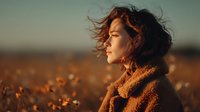 Young Asian woman with flowing hair in cozy sweater enjoying golden hour sunlight in autumn field, peaceful moment of freedom and contemplation.