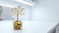 Golden money tree growing from coins in glass jar on white laboratory table symbolizing financial growth and investment success in clean modern environment.
