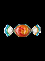 Colorful wrapped hard candy with swirled orange and red tones, isolated on transparent background, ready for stickers, clipart, t-shirt design, and print on demand use.