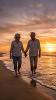 Senior couple walking hand in hand on beach at sunset with golden sky and ocean waves for retirement and travel concepts.
