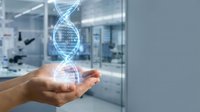 Hand holding holographic DNA double helix in modern laboratory setting for genetic research and biotechnology applications.