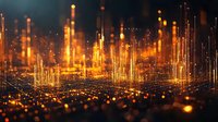 Glowing golden light pillars rising from dark surface create futuristic abstract background with bokeh effect and particle grid pattern. Suitable for tech visuals.