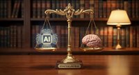 Golden scales of justice balancing glowing AI chip against human brain on wooden desk in law library with books and lamp representing ethics debate.