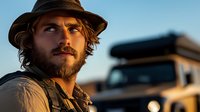 Young bearded Caucasian man in hat and white shirt looking into distance during golden hour sunset, with safari vehicle blurred in background, adventure travel concept.