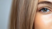 Close up portrait of young woman with blue eyes and straight blonde hair against light background, beauty and fashion concept for cosmetics and skincare advertising.