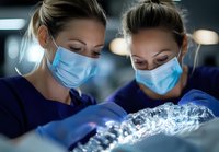 Female medical professionals in blue scrubs and protective masks focused on surgical procedure, working under operating room lights in healthcare setting.