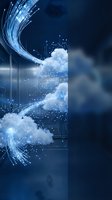 Digital cloud computing technology with fiber optic cables and circuit board patterns on blue background for tech presentations and data storage concepts.