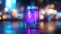 Magical glowing jar containing purple and blue cosmic nebula against blurred city lights background, creating ethereal atmosphere for fantasy and spiritual designs.