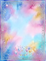 Pastel watercolor background with silver ornate frame, balloons, stars, and confetti, perfect for birthday cards and party invitations.
