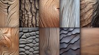 Collage of natural wood textures and bark patterns showing diverse grain, knots, and surface details for furniture design and crafting projects.