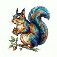 Colorful squirrel with vibrant blue, orange and teal fur holding an acorn on a branch with leaves, isolated on white background for design, clipart and creative projects.