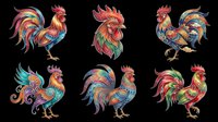Colorful rooster illustrations with ornate feather patterns in vibrant hues. Isolated on transparent background, ready for t-shirt designs, clipart, stickers, sublimation, and print-on-demand products.