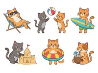 Cartoon cats enjoying summer activities including beach chair lounging, ball play, surfing, sandcastle building, UFO flying, and relaxing with drink. Isolated clipart set on transparent background, ready for design projects, t-shirts, and children's illustrations.