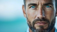 Close up portrait of mature Caucasian man with striking blue eyes and well-groomed beard against blurred turquoise ocean background, expressing confidence and wisdom.