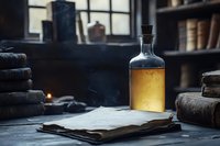 Glass bottle with golden liquid on open ancient book surrounded by vintage books and candlelight in dark moody library setting, creating mystical atmosphere.