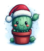 Cute round cactus in red clay pot wearing Santa hat with kawaii face expression and rosy cheeks against light blue winter background with sparkles.