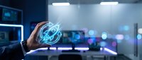 Businessman hand holding glowing digital globe with network connections in modern tech office environment, representing global connectivity and digital transformation for business solutions.