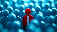 Standing out from crowd concept shown with red figure wearing tie among blue figures, leadership and individuality representation in business environment.