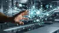 Hand reaching toward glowing digital network connections with light effects in modern office environment for technology and innovation concepts.