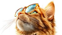 Ginger cat wearing sunglasses looking up with confident expression. Close up portrait of orange tabby feline face with stylish blue-tinted eyewear against white background.