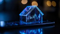 Digital house shape glowing with financial chart data on smartphone screen, reflecting on dark surface with bokeh lights in background. For real estate technology concept.