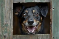 Happy mixed breed dog looking through wooden fence opening with bright eyes and open mouth showing friendly expression in outdoor setting.