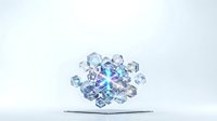 Cluster of translucent blue and purple geometric crystals arranged in a spherical formation on white background, isolated for design and commercial use.