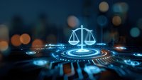 Glowing scales of justice on digital circuit background with city lights bokeh, representing legal technology and digital law concept.
