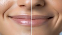 Close-up comparison of natural lips showing before and after cosmetic treatment effect with split screen composition, demonstrating lip enhancement results.