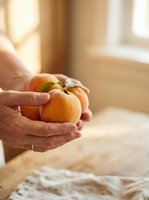 Senior man holding fresh apricot with leaf in sunlit kitchen, showcasing organic fruit for healthy eating, nutrition, and wholesome lifestyle content.