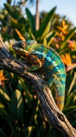 Colorful chameleon with vibrant green and blue scales perched on weathered tree branch in tropical garden setting with warm golden sunlight.