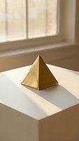 Golden pyramid sculpture on white cube table with window light casting shadows, suitable for minimalist interior design and contemporary art projects.