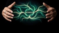 Hands protecting glowing green metabolic energy waves on black background. Health wellness nutrition concept for medical healthcare design.