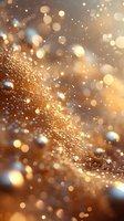 Magical golden bokeh lights and glowing particles on blurred background create dreamy atmosphere for festive designs and holiday celebrations.
