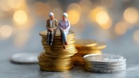 Senior couple sitting on stack of gold and silver coins, retirement savings concept with blurred bokeh background, financial planning and pension fund.